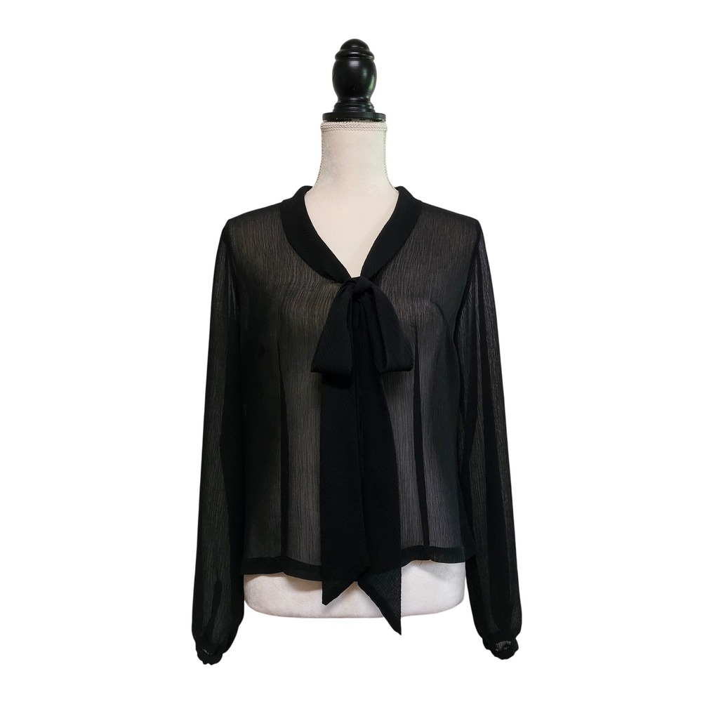 Black Sheer Bow Neck Button Front Long Sleeve Top Size M Goth Chic Dark Academia